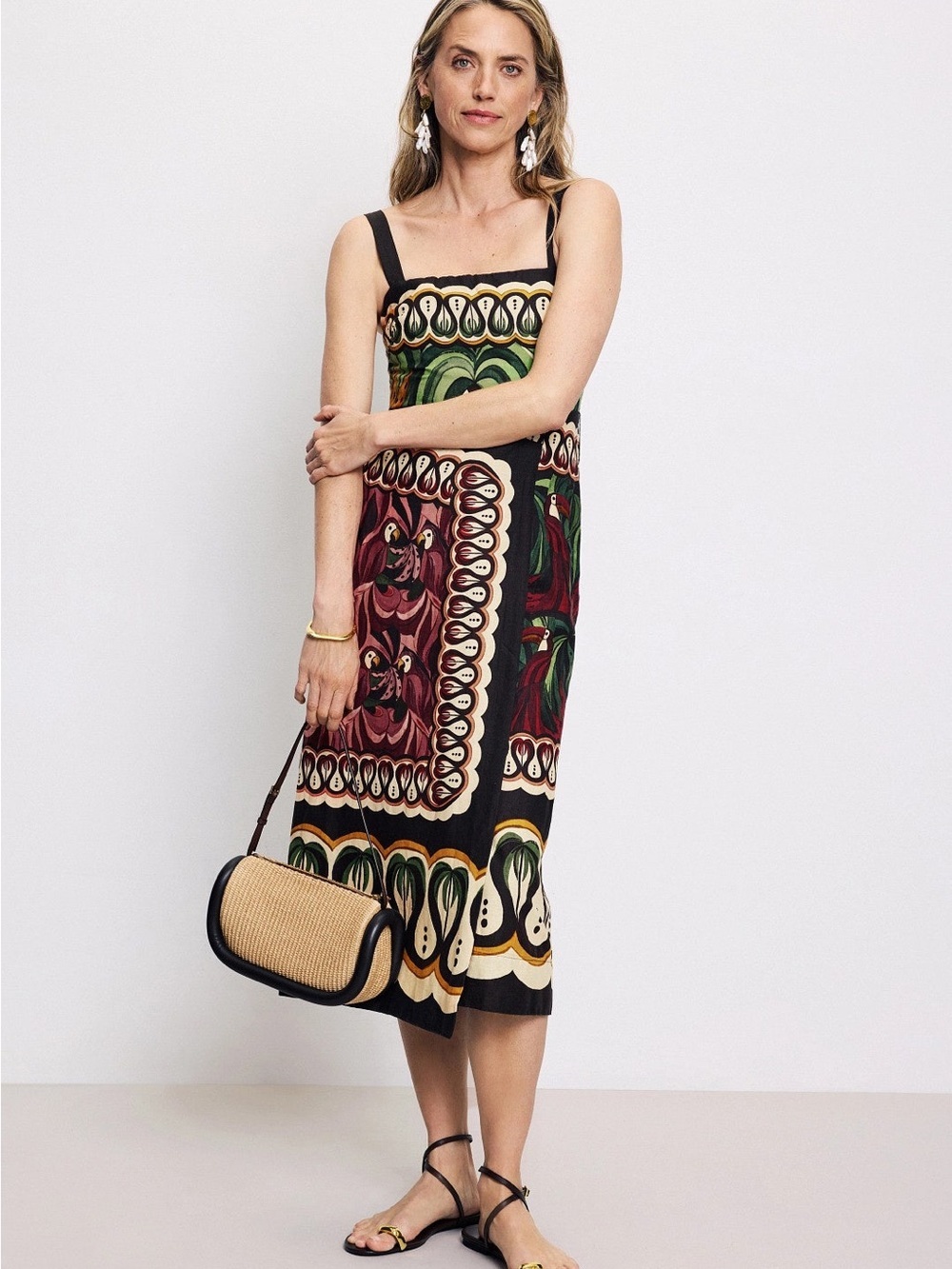 FARM Rio Coconut Tree Flow Scarf Midi Dress Tropical Print XS Linen Blend